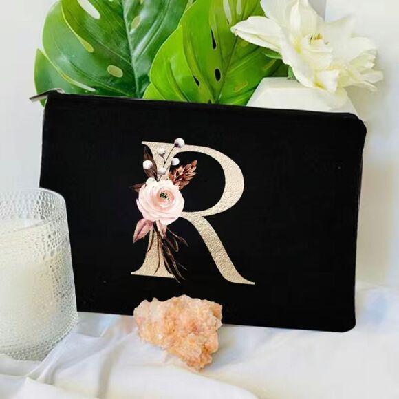New Black Zipper Pouch with Floral Initial Detail - Multiple Available - Picture 5 of 15